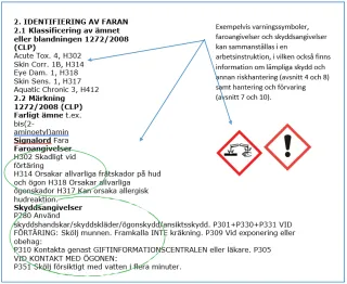 Exempel på hur en härdare för epoxibeläggning beskrivs i avsnitt 2 i säkerhetsdatabladet.