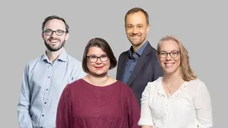 Työterveyslaitoksen kouluttajat Olli Viljanen, Liisa Puskala, Peter Peitsalo ja Anniina Virtanen yhteiskuvassa.